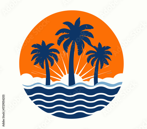 Wallpaper Mural Circular graphic featuring palm trees, sunset, and ocean waves. Vector design with bright colors Torontodigital.ca