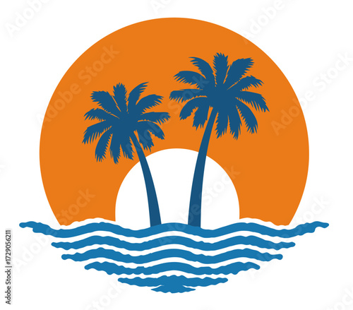 An image of a tropical sunset, featuring palm trees, waves, and a bright orange sun with a white lower half