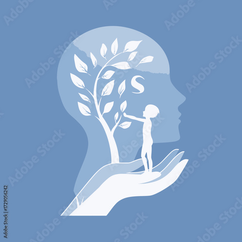 Silhouette of a human head with a tree, a child, and supportive hands, all in white