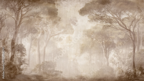 Aged parchment paper as background, empty center for writing, forest trees on edges, faded forest landscape.