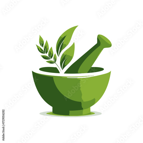 A green mortar and pestle design with leaves. It is a simple and vibrant illustration