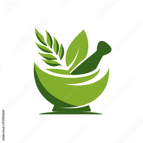 A green mortar and pestle icon with leaves, representing herbal medicine or natural health