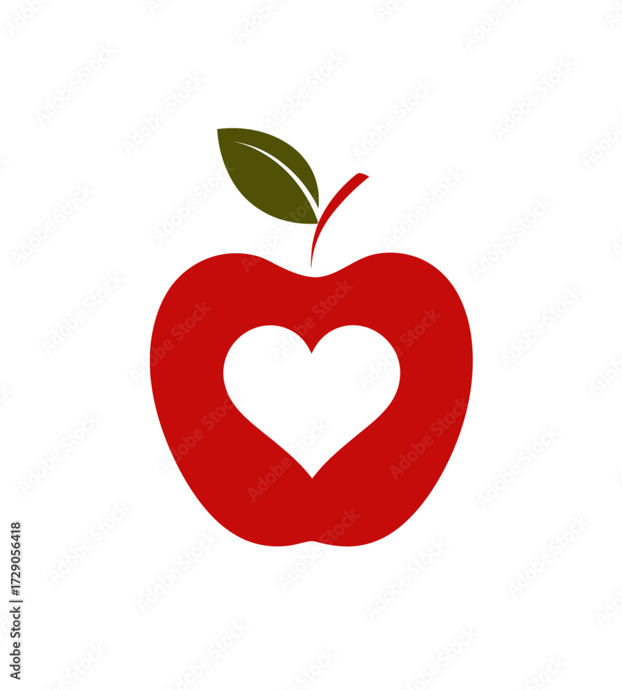 Fototapeta premium A red apple design features a heart-shaped core. A green leaf and stem are attached to the top