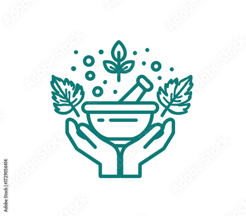 A green outline illustration of hands holding a bowl with mortar and pestle, leaves, and bubbles