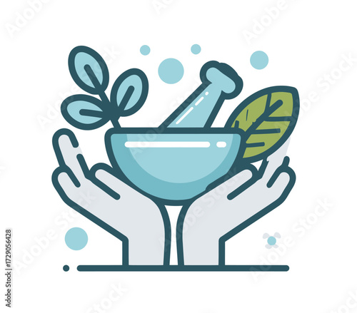 An illustration featuring a mortar and pestle nestled among leaves held in cupped hands