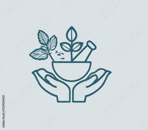 A logo depicting a mortar and pestle with foliage, held within cupped hands. Background is gray-blue