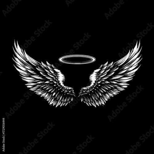 A grayscale graphic features a pair of detailed, outstretched wings, with a halo above them