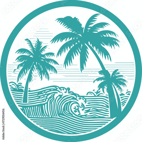 A turquoise circular design showing palm trees on a beach with ocean waves, enclosed within a circle