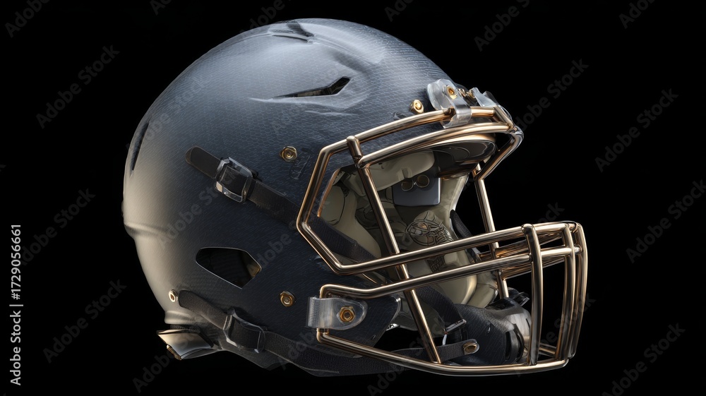 Fototapeta premium Close-up of a modern football helmet on a stadium field, ready for game action under bright stadium lights, highlighting protective gear and sports equipment for football players
