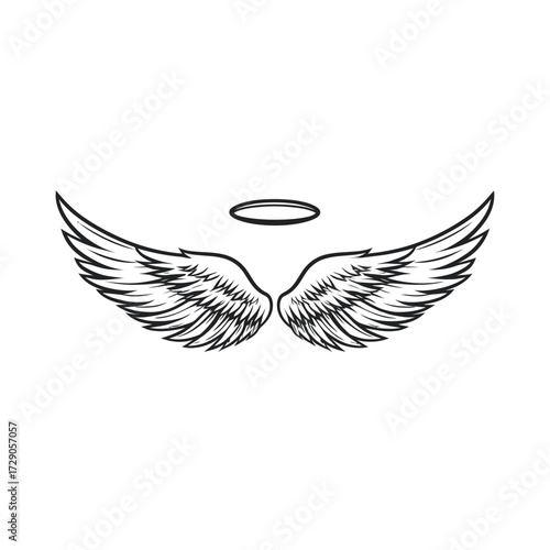 Black and white illustration of angel wings and a halo on a blank background