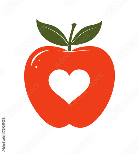 Red apple has a heart shape cut out of it, two leaves & stem, on white