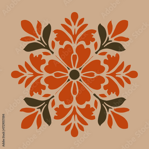 Botanical symmetry with flower, orange leaves and dark-green elements on beige