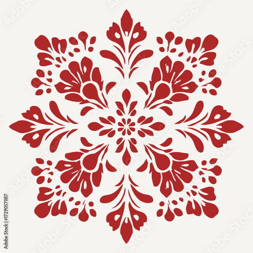 Intricate floral pattern in maroon on a plain background in a radial symmetry