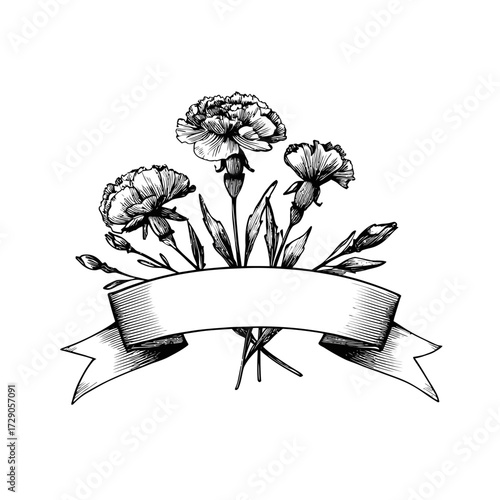 Floral bouquet sketch, flowers, buds, leaves and ribbon banner, on white