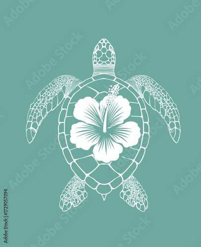 Line art of a turtle with a hibiscus on shell, teal background, simple design
