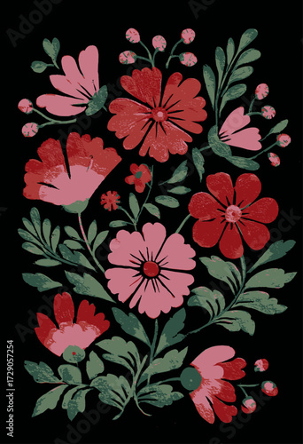 An artistic composition featuring various floral elements, leaves, and buds against a black background
