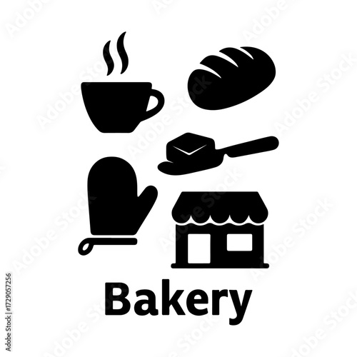 Silhouette vector of bakery icons with storefront and baking tools