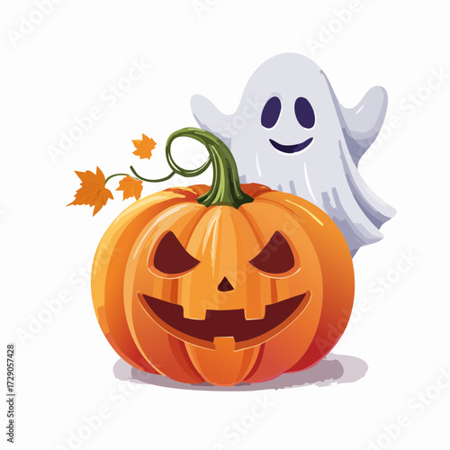 Spooky carved Halloween pumpkin and a cheerful ghost companion isolated on a white background