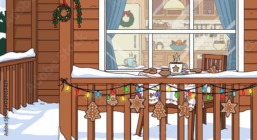 Festive holiday porch with gingerbread cookies and christmas decorations with winter scene view