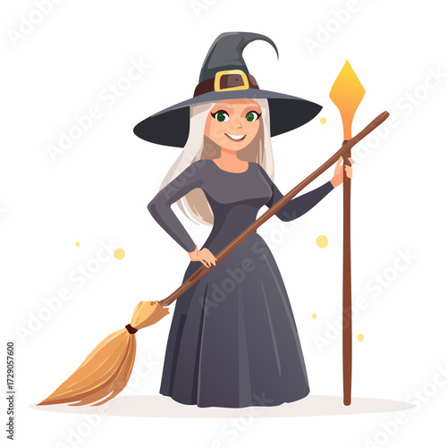 Charming young witch character in a classic black costume, holding a magical staff and a broomstick. A friendly sorceress for Halloween fantasy themes