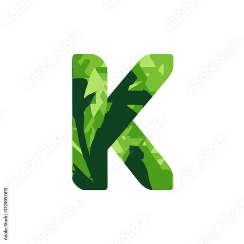 A vibrant, leaf-textured "K" on white background, green shades create a nature-inspired aesthetic