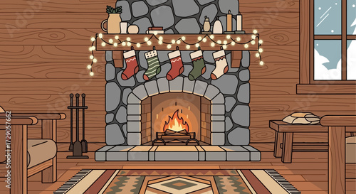 Cozy christmas cabin interior illustration with fireplace and holiday decoration lights