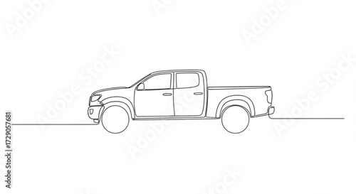 Minimalist line drawing of a pickup truck showcasing its sleek design and contours, emphasizing modern automotive aesthetics and simplicity in illustration style	