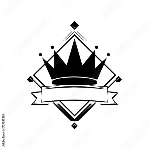 A black and white regal design featuring a crown emblem within a geometric diamond frame