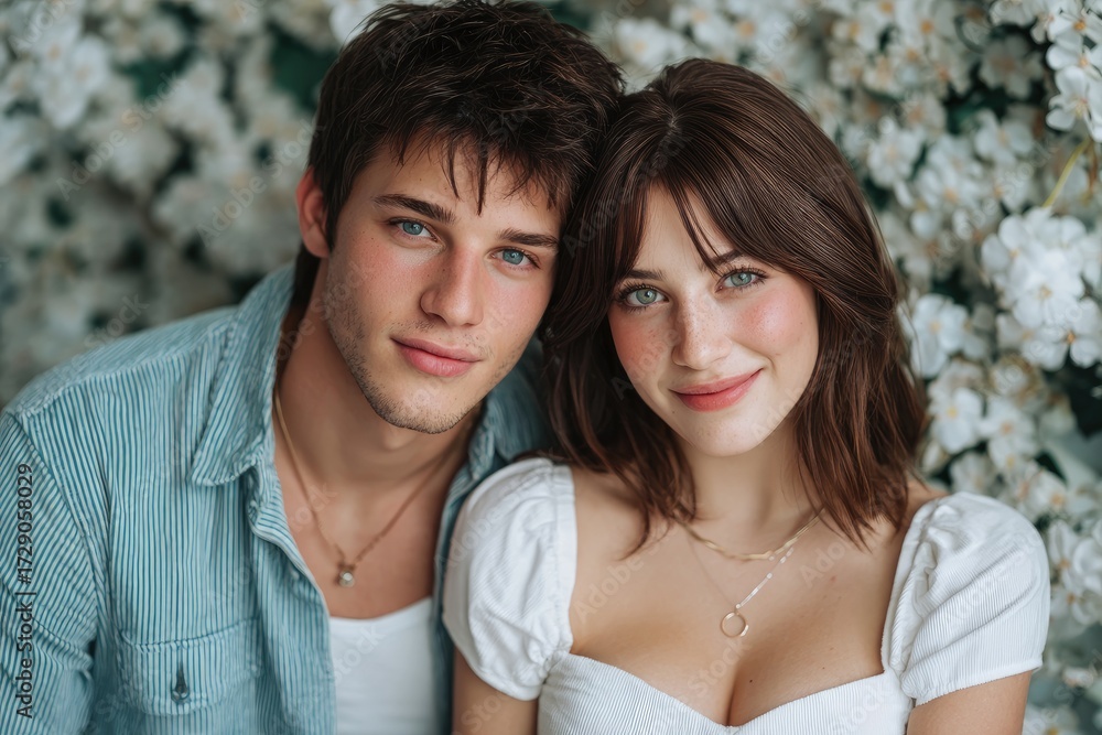Obraz premium two young people in love, a man and a woman with brown hair posing for the camera against a background of white flowers, creating a romantic atmosphere with soft pastel colors and modern casual