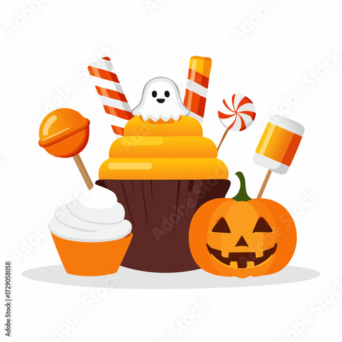 A delightful assortment of cartoon Halloween candy, featuring a ghost cupcake, a carved pumpkin, and various sweet lollipops and treats