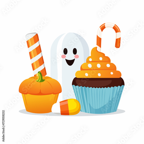 Spooky and sweet collection of Halloween treats featuring a cute ghost, festive cupcake, pumpkin, and candy illustration