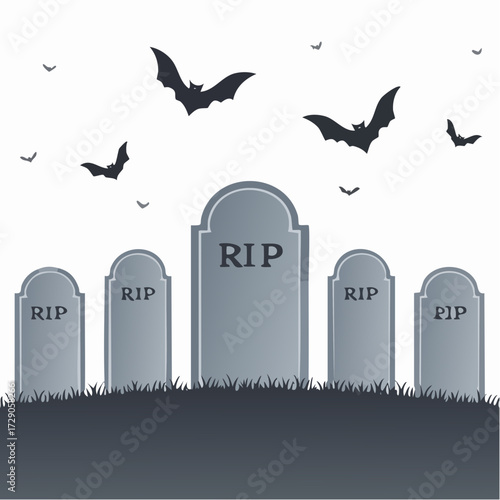 A spooky Halloween graveyard illustration with multiple RIP tombstones on a hill and bats flying in the sky