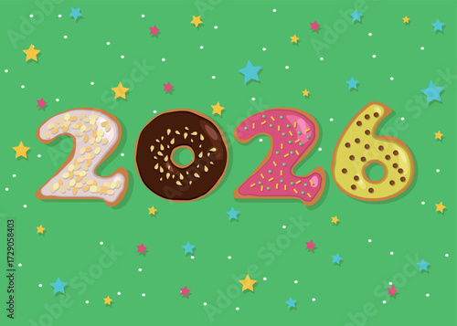 A festive illustration of a colorful number 2026 made of donuts with cream and nuts decor on a green background with confetti. This illustration is perfect for New Year's greetings, cards