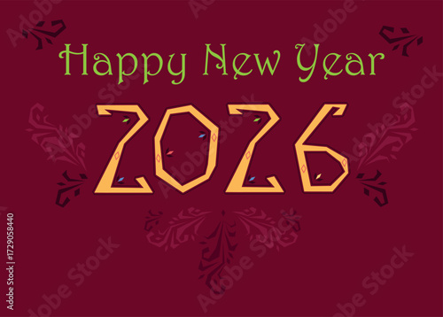 Happy New Year 2026 Folk. A festive greeting card celebrating the new year. The letters are green, the number is yellow, and the background is red. The card is decorated with botanical elements. Perfe