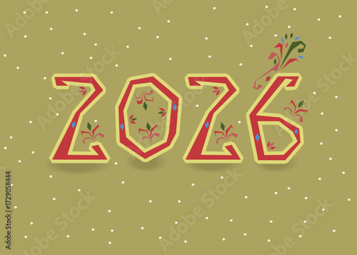 New Year 2026 Folk Art. A festive illustration of a red number 2025 with folk floral decor on a yellow background with snowfall. It is perfect for New Year's greetings, cards, and other designs