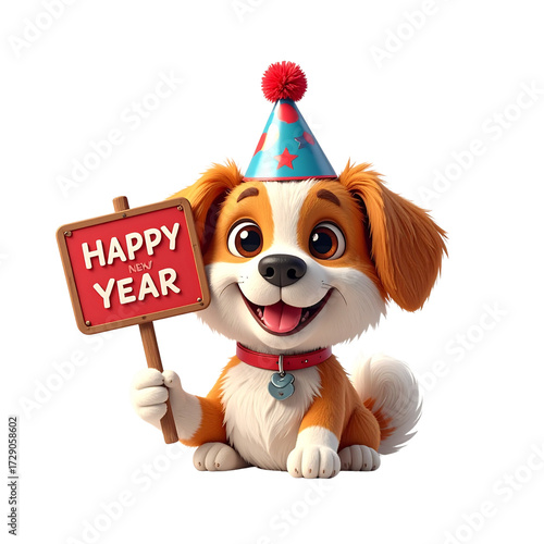 Cute 3D Cartoon Dog Wearing Party Hat Holding Happy New Year Sign Isolated on Transparent Background