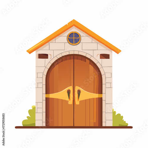A charming vector illustration of a medieval stone barn with large, arched wooden double doors, representing a rustic storage entry concept