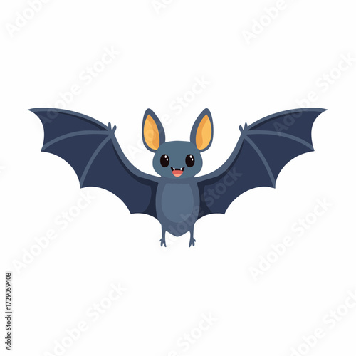 Cute cartoon bat flying with wide open wings. A happy and friendly nocturnal animal character, a charming mammal illustration isolated on a white background