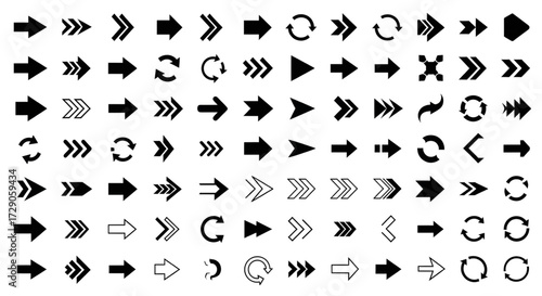 Black arrows flat icons. Set for web design. Direction pointers vector icons. Big collection. Vector set of black arrow signs.isolated on white backgrond