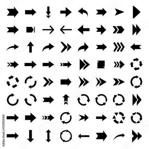 Black arrows flat icons. Set for web design. Direction pointers vector icons. Big collection. Vector set of black arrow signs.isolated on white backgrond