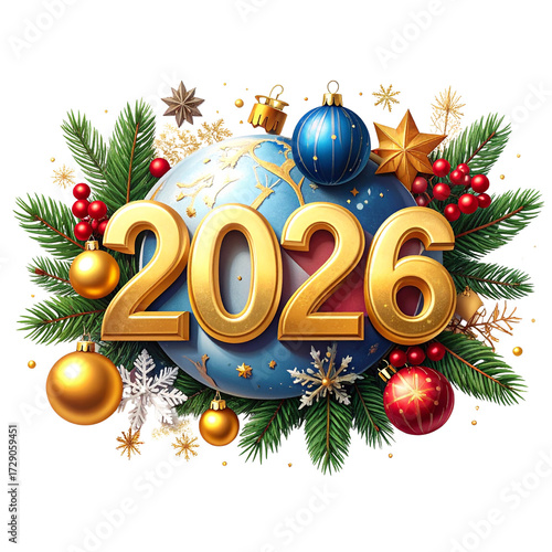 Elegant 2026 New Year Celebration Banner with Holiday Ornaments on White