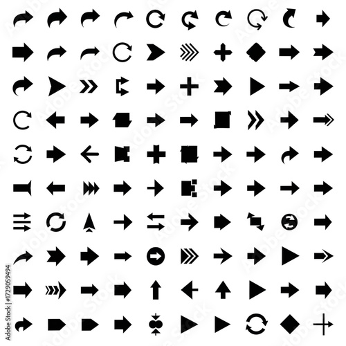 Black arrows flat icons. Set for web design. Direction pointers vector icons. Big collection. Vector set of black arrow signs.isolated on white backgrond