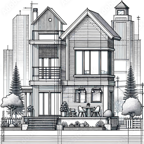 Modern House for Coloring Pages – Detailed Architectural Line Art for Kids and Adults