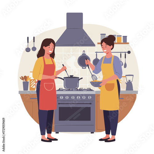 Happy women cooking together in modern kitchen for family dinner