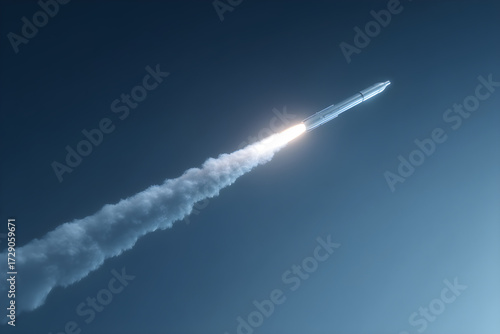 Powerful rocket launching into the vast, clear blue sky leaving a trail of smoke and fire