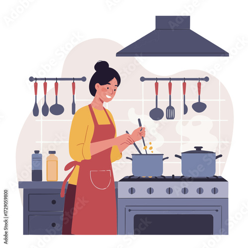 Happy woman cooking delicious meal in cozy home kitchen atmosphere
