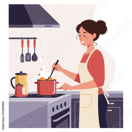 Happy woman cooking delicious meal in modern kitchen at home