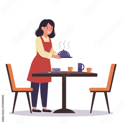 Smiling waitress serves hot meal at cafe table with chairs