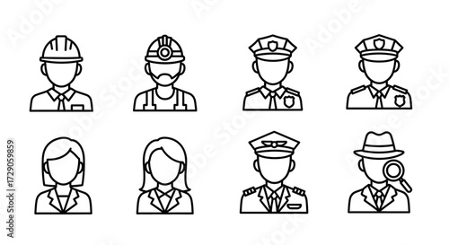 A collection of diverse professional icons in a line art style. It captures the essence of various occupations Vector illustration