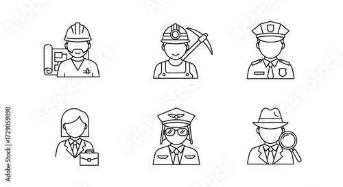 Illustrations of different professions, each showcasing unique tools and attire Vector illustration